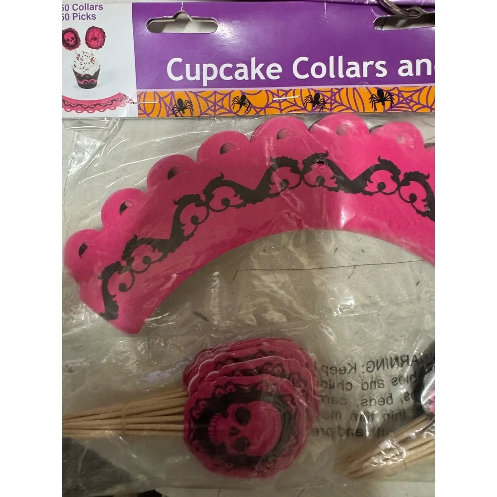 50 Halloween Cupcake Decor Kit‎ Pink Black Skull Spider Toppers Wrappers Gothic